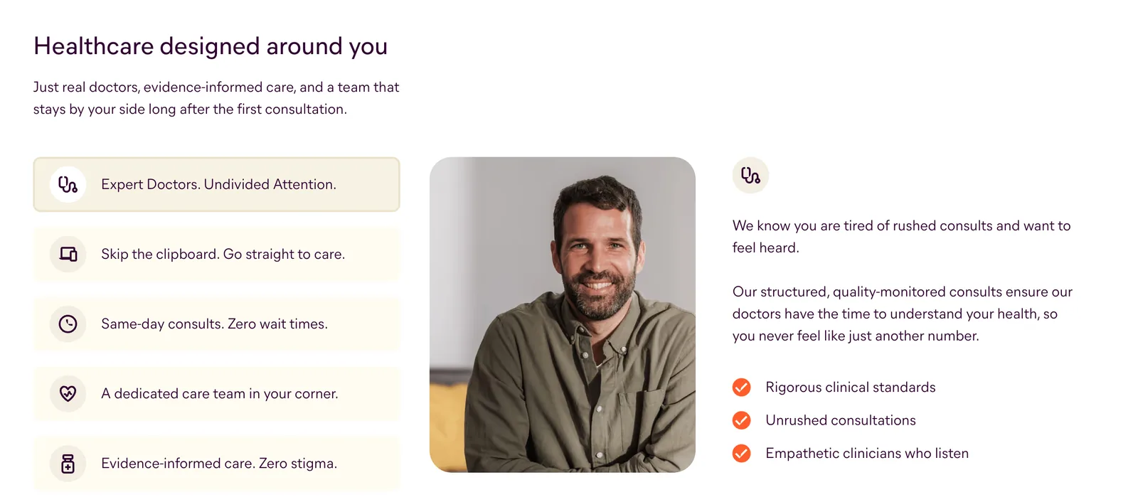 'Healthcare designed around you' section: five short benefit rows, a photo of a clinician and three ticked care standards