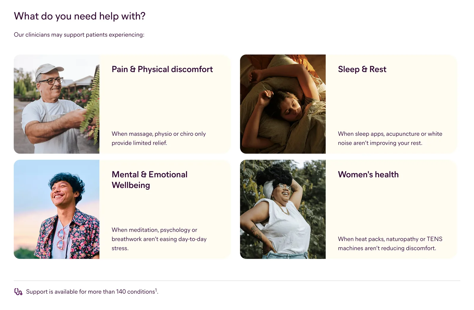 'What do you need help with?' section: four cards with photos for pain, sleep, mental and emotional wellbeing, and women's health