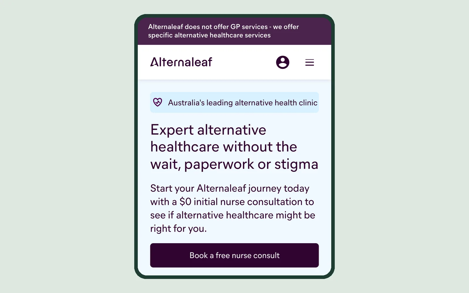 The landing page hero on a phone: headline, free nurse consult offer and one full-width booking button