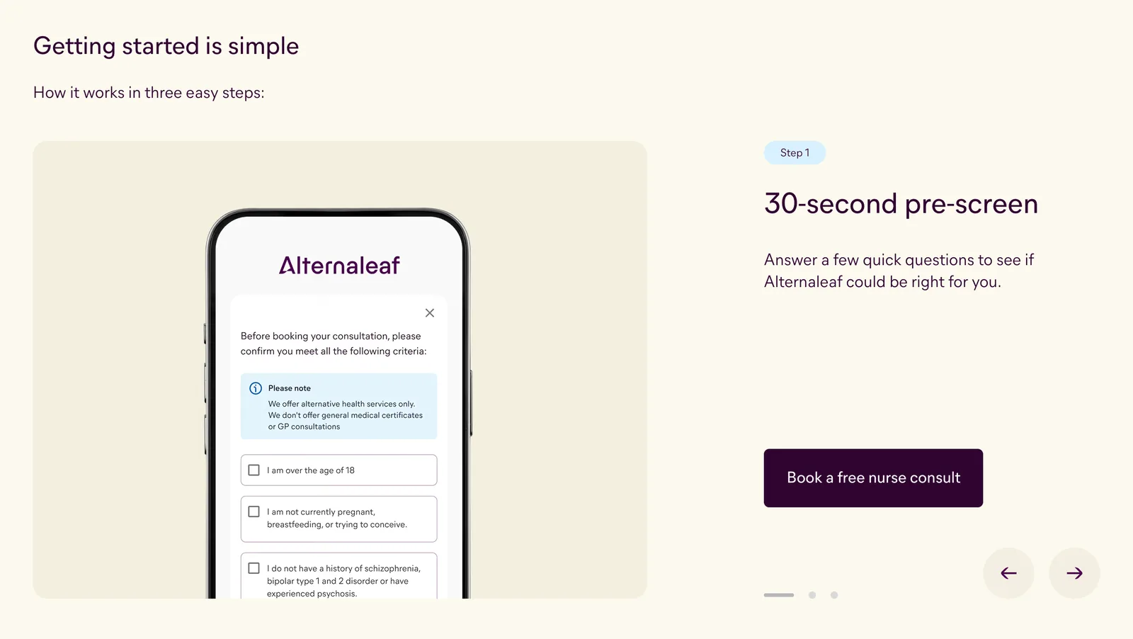 'Getting started is simple' section: step 1 of 3, a 30-second pre-screen, shown on a phone with eligibility questions