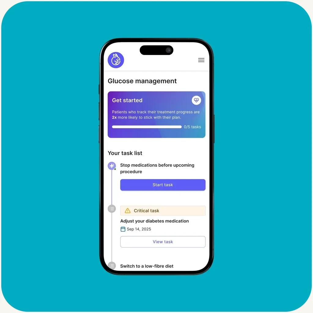Patient app on a phone showing a glucose management plan and a task list