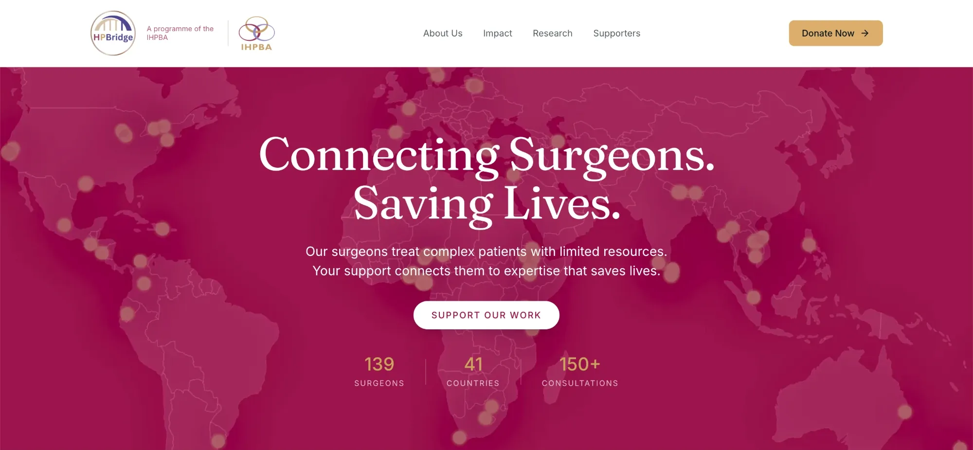 The hpbridge.org homepage: the HPBridge and IHPBA logos, then a world map with the headline Connecting Surgeons, Saving Lives, and figures for surgeons, countries and consultations.