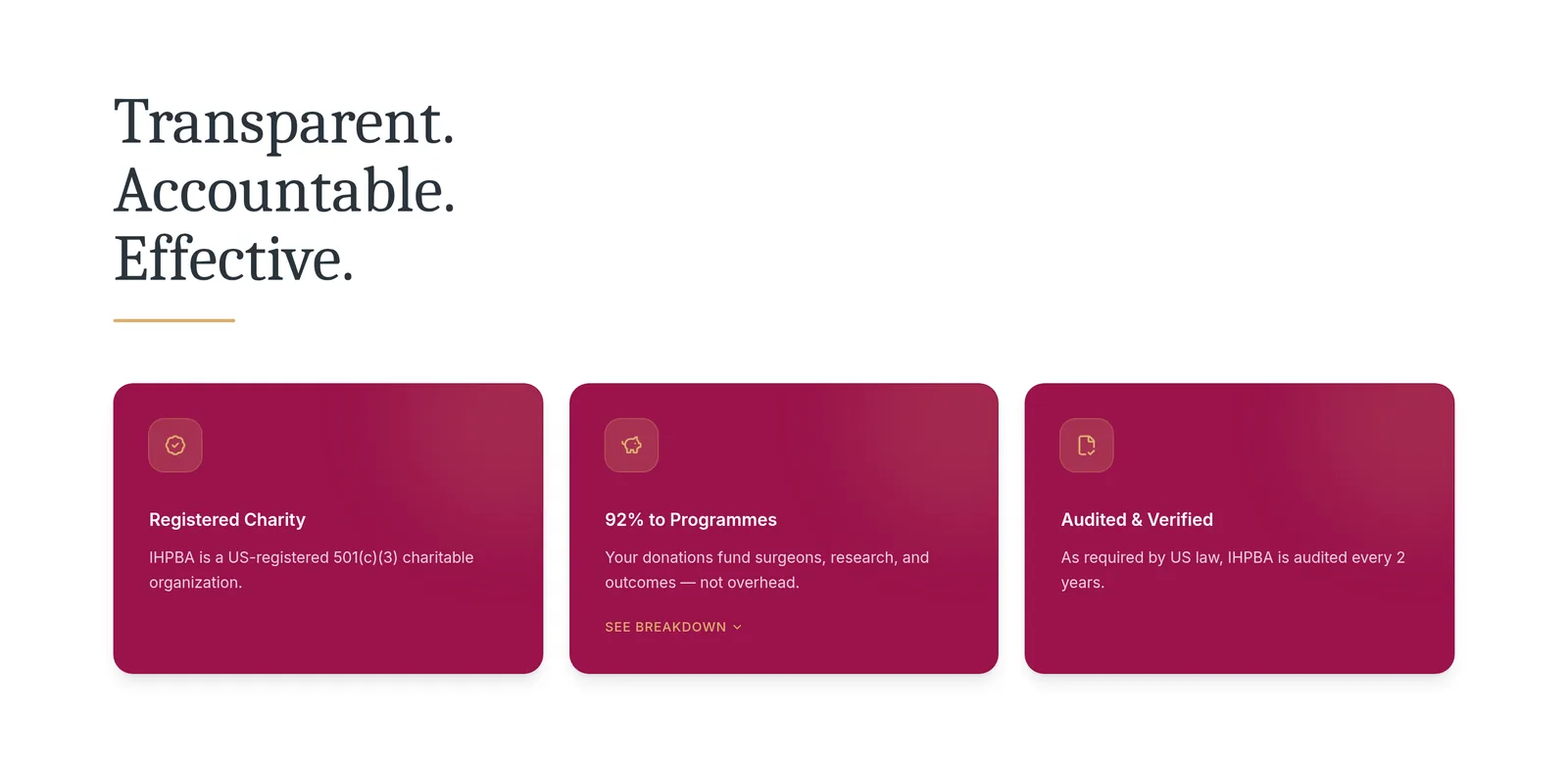 Section headed Transparent, Accountable, Effective, with three cards: registered charity, 92% to programmes, and audited.